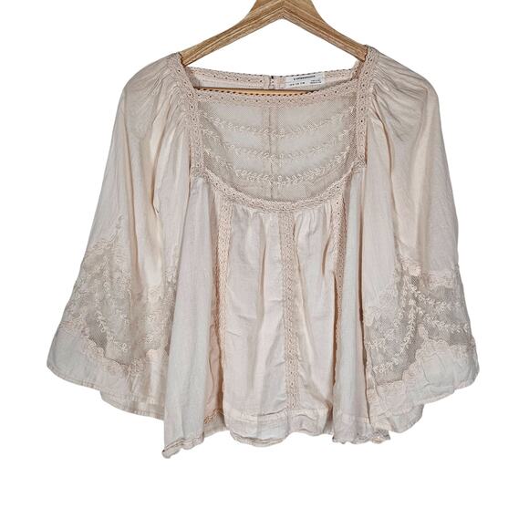 Anthropologie Tops - By Anthropologie Valentia Top 8 Light Pink Peasant Lace Mesh 3/4 Sleeve Blouse